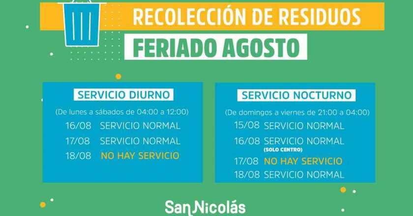 Cambios en la recolección de residuos por el feriado nacional