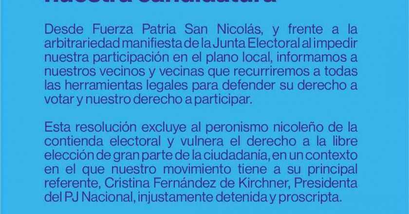 Fuerza Patria asevera que «la Junta Electoral impide» la candidatura de Cecilia Comerio